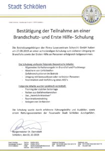 Stadt Schkölen: Bestätigung der Teilnahme an einer Brandschutz- und Erste Hilfe- Schulung